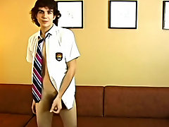 He begins of by taking of his shorts and unbuttoning his uniform, and begins to jerk his super sexy twink dick